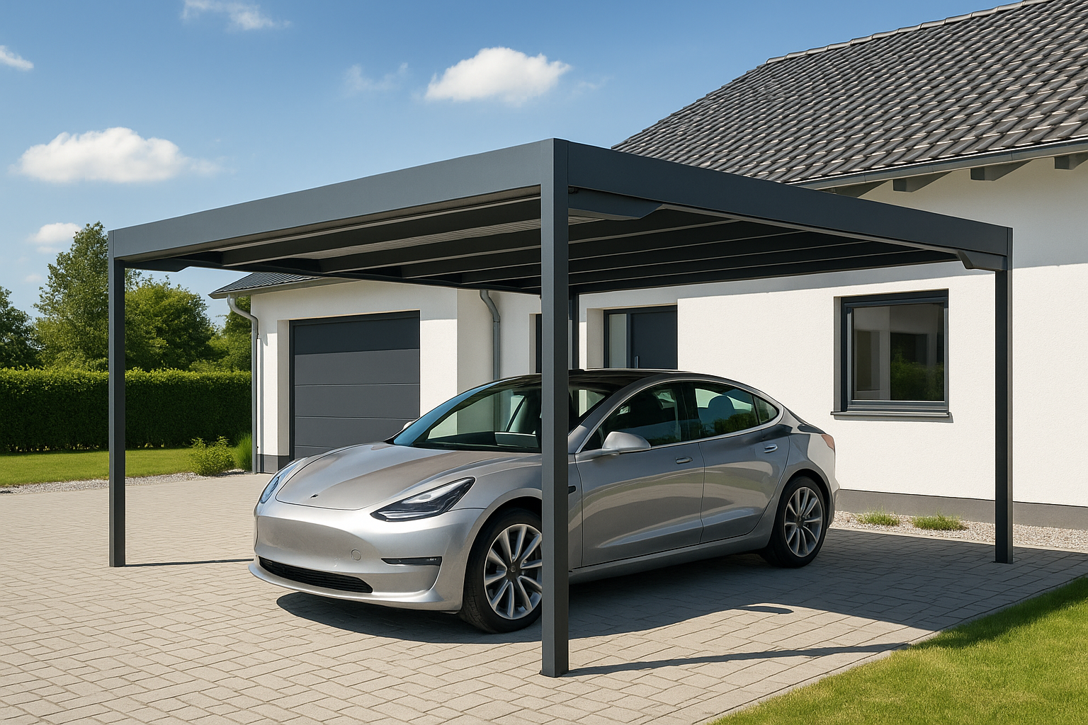 Carport – Metall, graues Auto