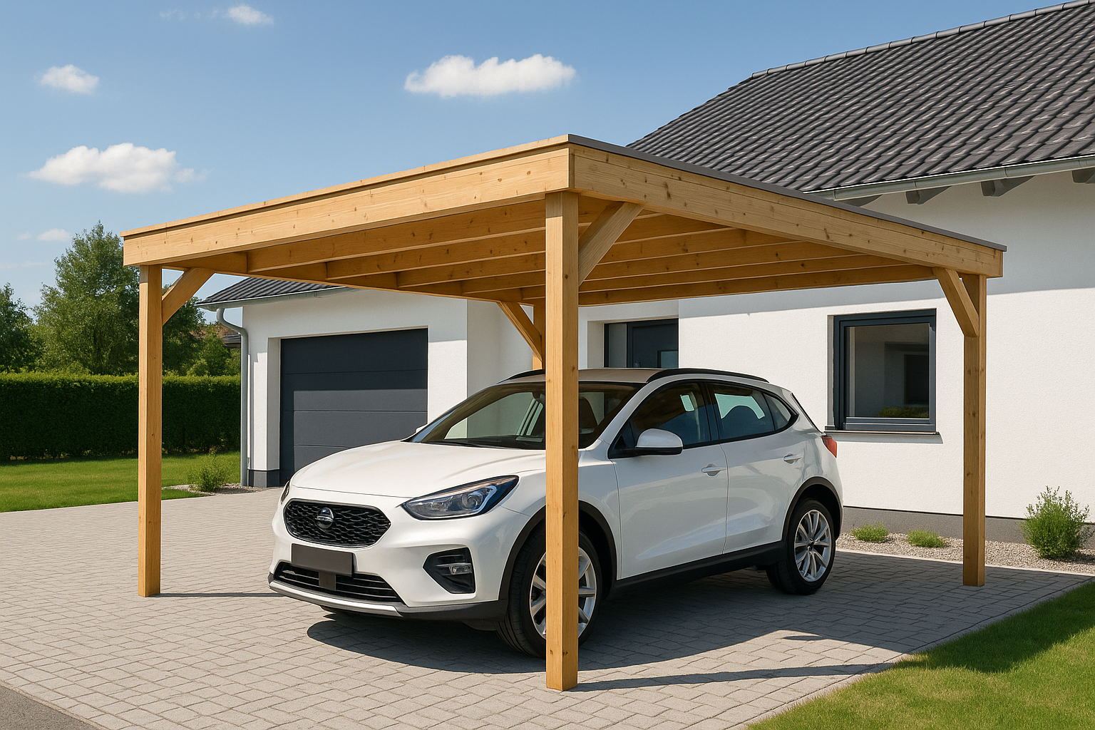 Carport – Holz, weißes Auto