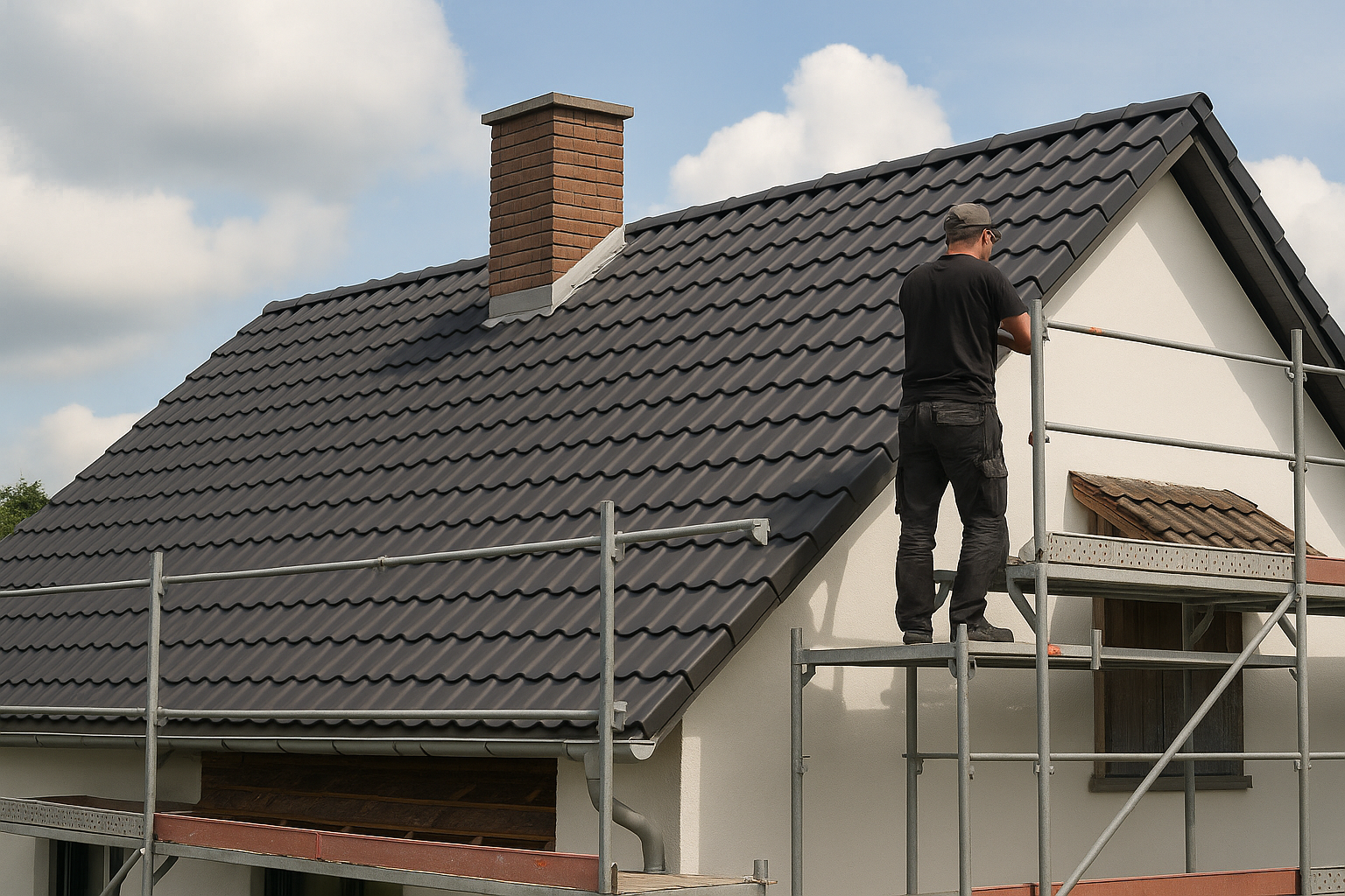 Dachsanierung – Handwerker arbeiten auf dem Dach