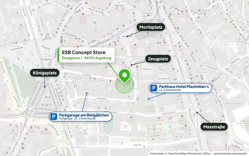 Anfahrtsplan: ESB Concept Store in der Zeuggasse 1 zwischen Königsplatz, Moritzplatz, Zeugplatz und Maxstraße, mit dem Parkhaus Hotel Maximilian's und der Parkgarage am Bleigäßchen